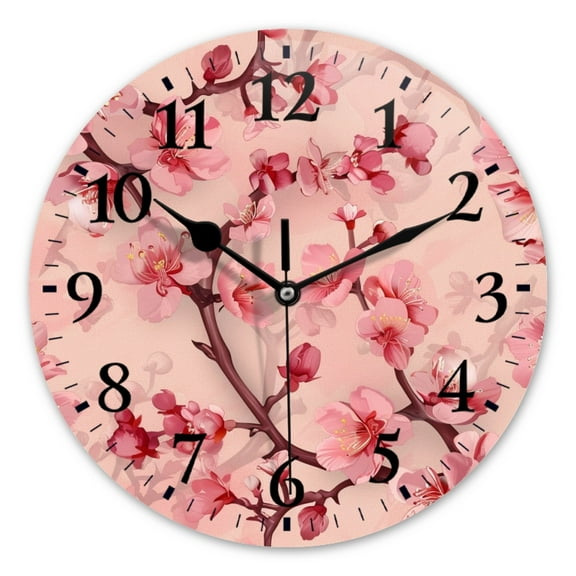 Battery Operated Analog Wall Clocks Non-Ticking Silent Modern Clock Decorative for Home,Office-Beautiful Cherry Blossom With Pink Background(10inch)