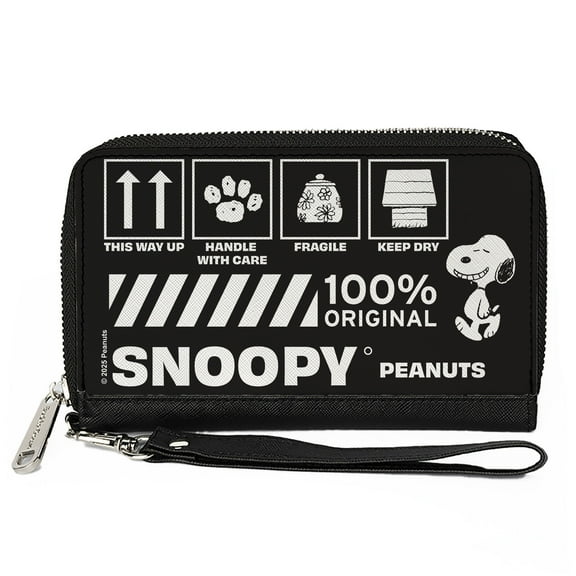 Peanuts Wallet, Zip Around, Peanuts Snoopy Care Symbols 100% Original Black White, Vegan Leather