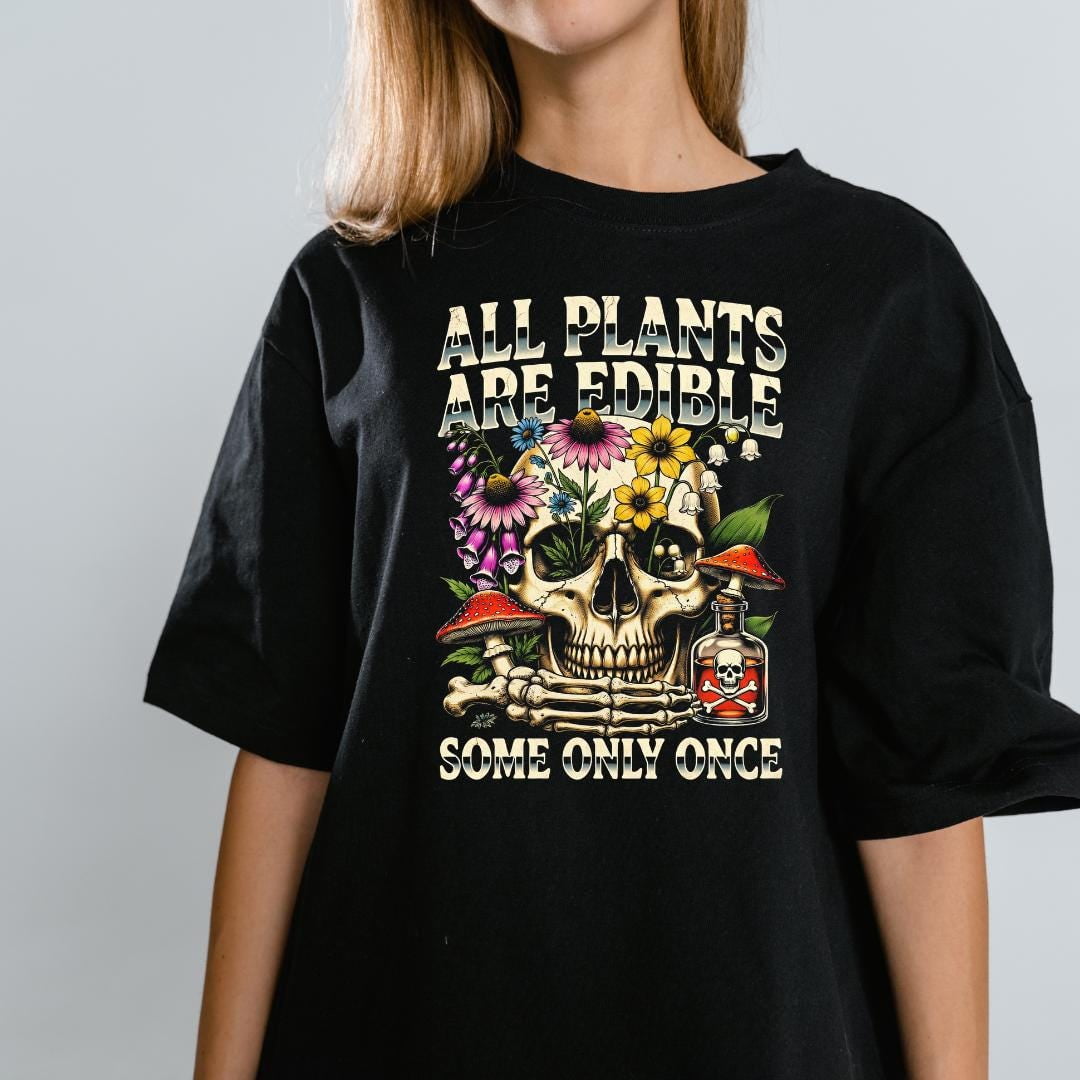 CLOTEX All Plants Are Edible Some Only Once Shirt Funny Gardening Tee Gothic Plant Lover Shirt Dark Botanical Graphic Tee Comfort Colors 1717 Crimson S