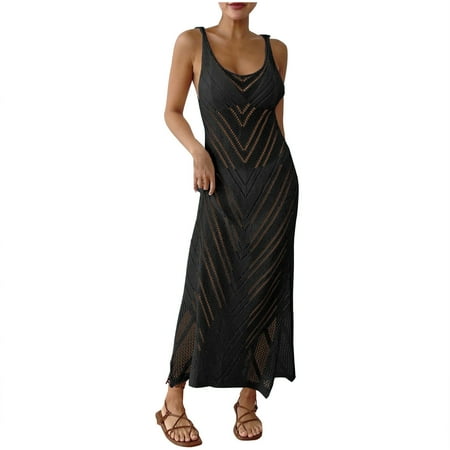 Dvprdro Womens Summer Tank Dress Fashion Solid Crew Neck Sleeveless Hollow Side Split Bikini Cover-Up Casual Loose Beach Sun Long Maxi Dress on Clearance