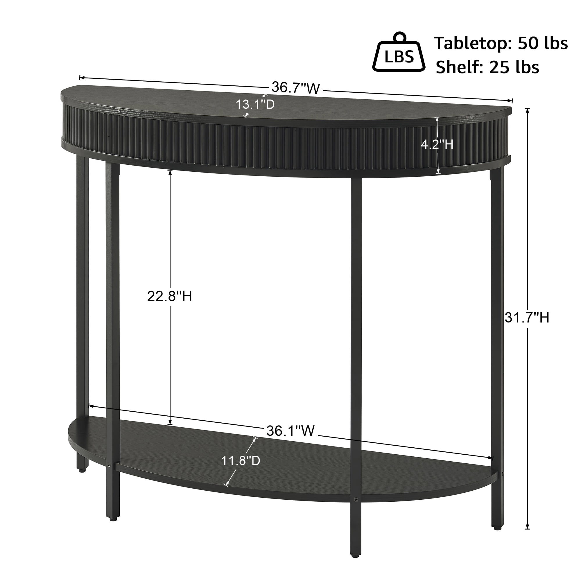 Rosary Blenn Fluted Half Moon Console Table, Modern 2-Tier Black Entryway Console with Storage