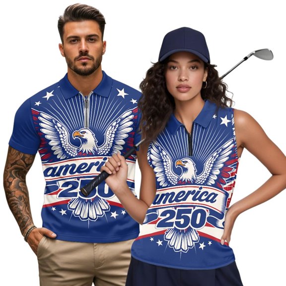 Aplkyhs 250th Anniversary Eagle Matching Golf Shirts for Couple Quarter Zip Couple Golf Matching Outfits Breathable Fabric Mens Hawaiian Shirt Keep Cool in Hot Weather Washable