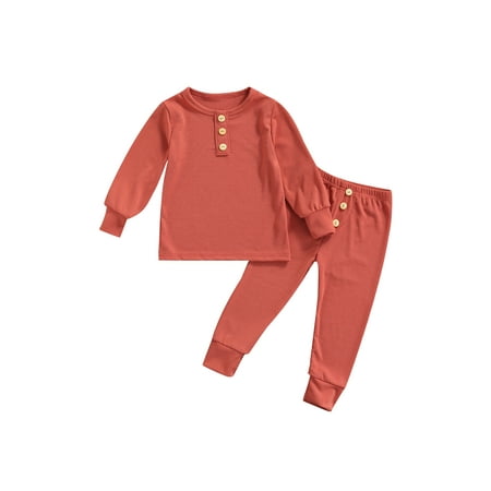 

Eyicmarn Baby Tops Pants Suit Long Sleeve Round Neck Solid Color Buttons Shirt Casual Jogger Pants Red