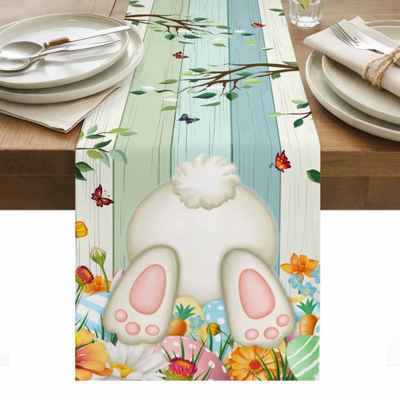 Easter Table Runner - 36 Inch Long, Kitchen Dining Table Runner Dresser Scarves, Spring Watercolor Eggs Country Tulip Wooden Grain Farmhouse Decor for Coffee Tables Wedding Party Banquet