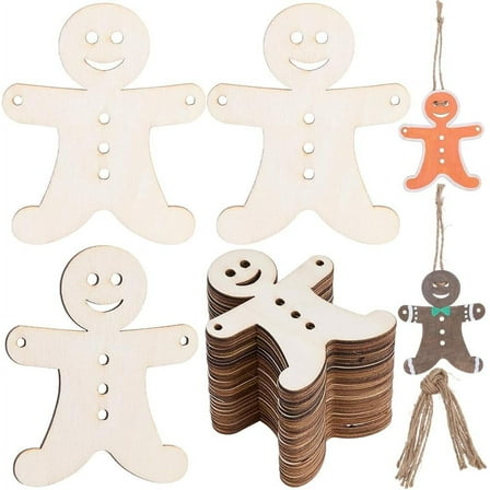 30Pcs 3 Sets Wooden Gingerbread Man Ornaments Christmas Wood Ornament Kits Natural Unfinished Winter Holiday Blank Hanging Decor with Cords for s Xmas Party Decorations Supplies