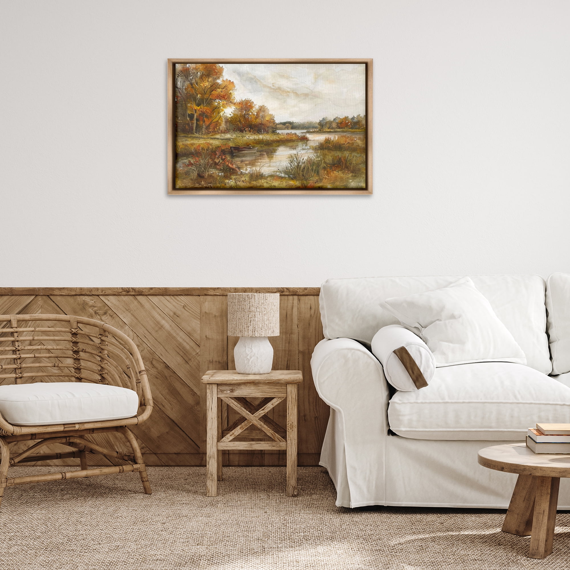 Stupell Industries Fall Scenic River Boat Landscape & Nature Painting Brown Floater Framed Canvas Art Print Wall Art, 31 x 21