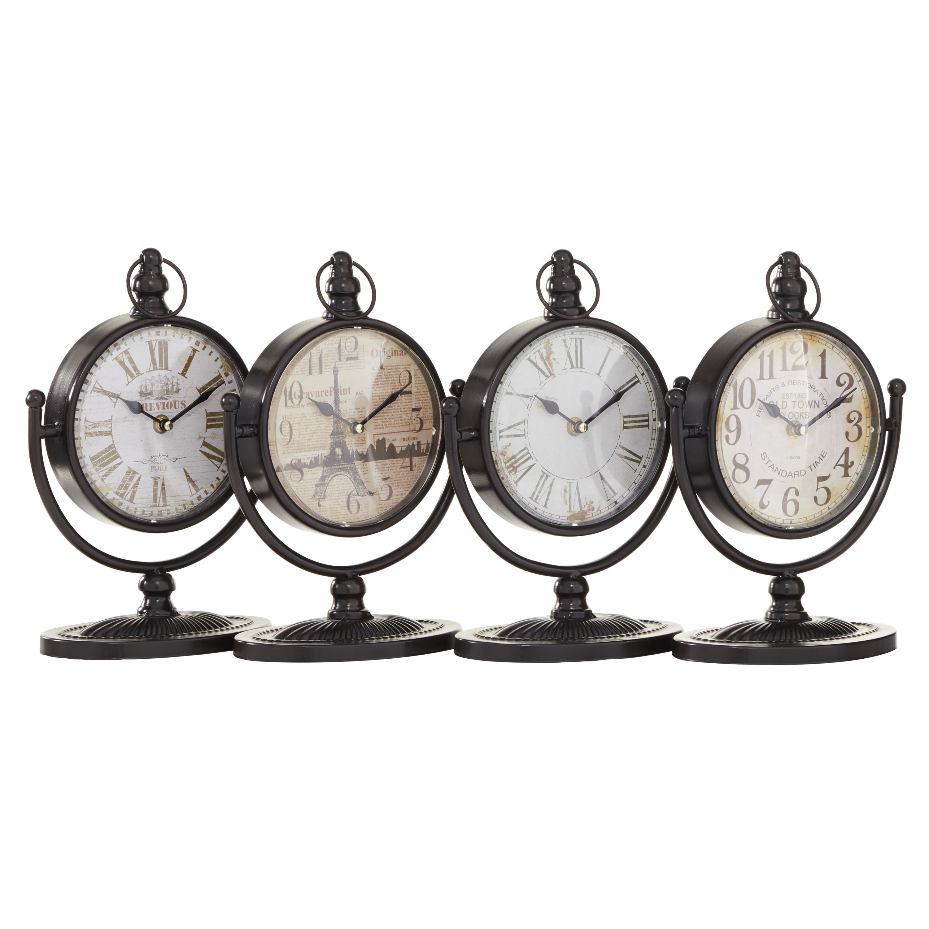 DecMode 12" Black Metal Clock with Swing Stand, Set of 4