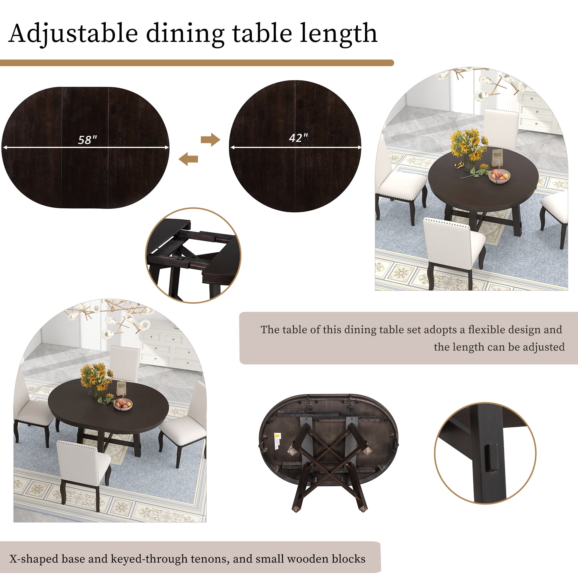 Euroco 42in-58in Extendable Round Dining Table for 4-6, Modern Oval Kitchen Table with Removable Leaves & Wood Base,Dinner Table for Kitchen Dining Room,Space Saving,Espresso