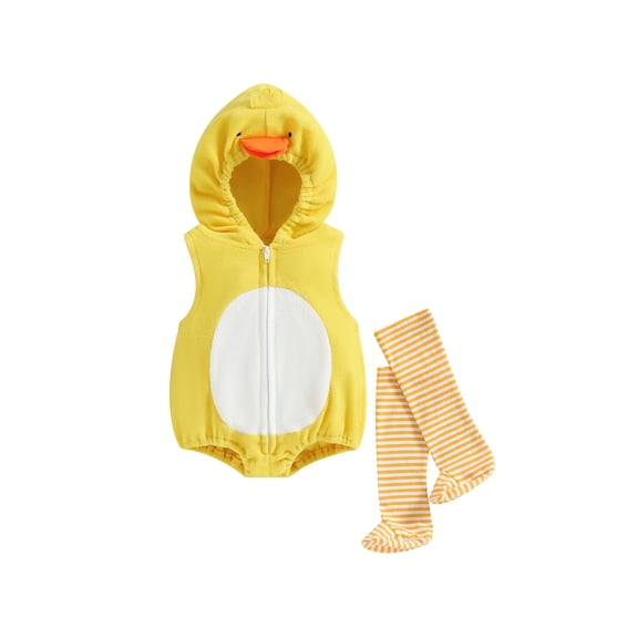 Cjfdfy Newborn Baby Boy Girl Duck Outfit Halloween Animal Costume Baby Boys Girls Fall Winter Clothes Sleeveless Hooded Zipper Closure Romper with Leg Warmers Set Toddler Halloween Cosplay Outfits