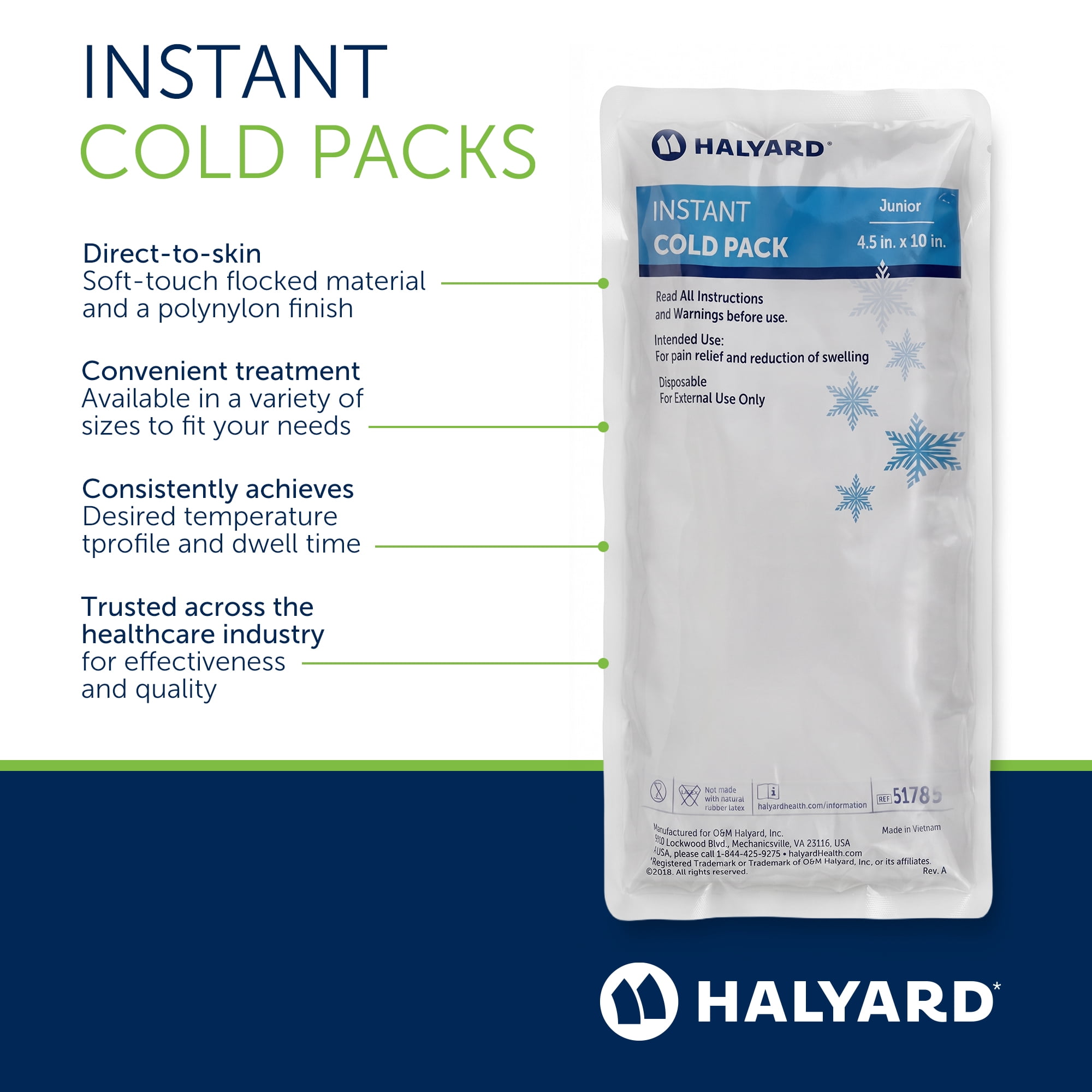HALYARD Instant Cold Pack Disposable Cold Compress Ice Packs for Swelling Injuries Toothaches Sprains Strains 4.5 x 10 Inches, 24 Packs Per Case - 51785