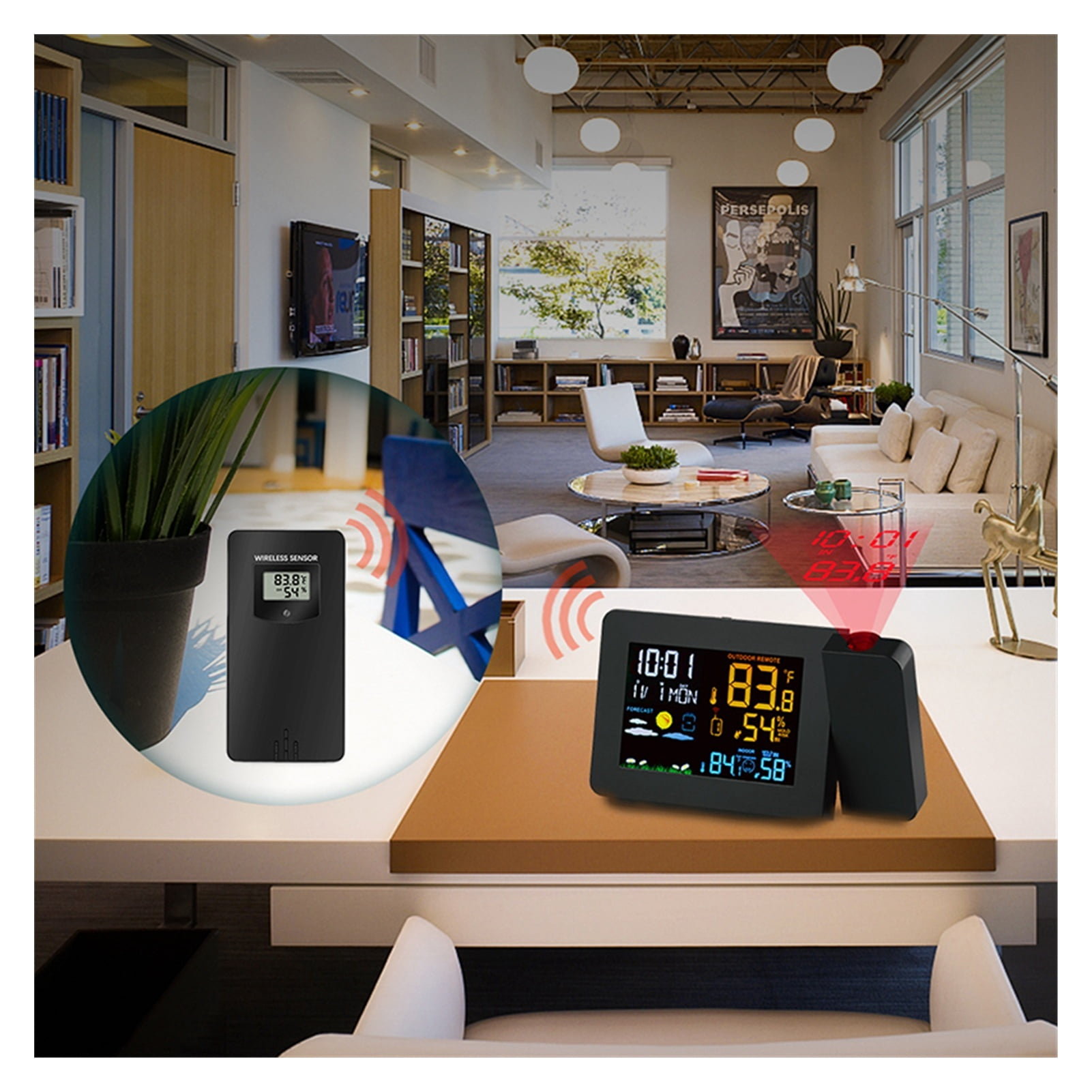 3 Outdoor Sensors Projection Alarm Clock Weather Station Colorful Backlight With Humidity in/outdoor Temperature Time Projector ,Easy to Operate