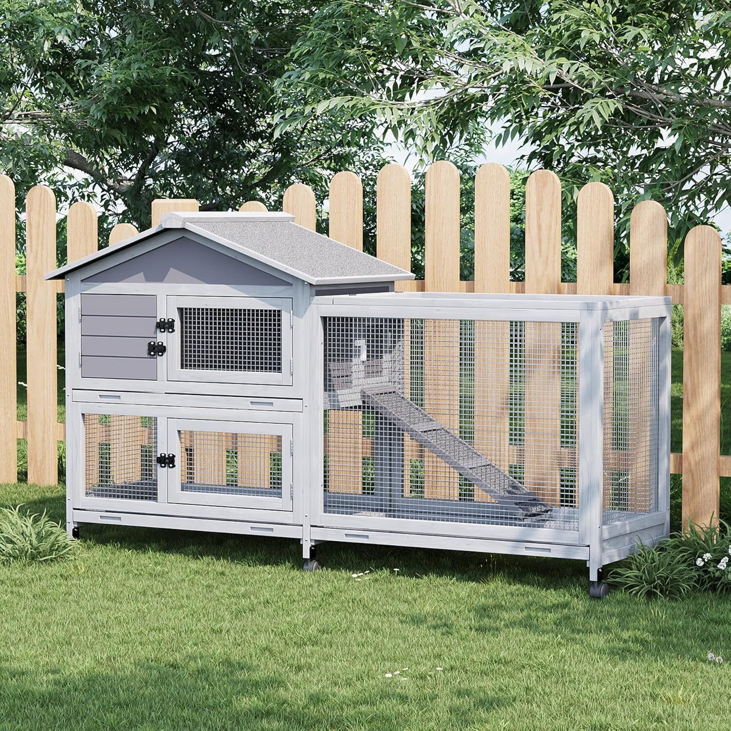 EastVita Rabbit Cage with Ramp Waterproof Roof Bunny Hutch for Indoor/Outdoor 2-Story Design Rabbit Hutch with 6 Lockable Caster Wheels Three Pull-Out Trays