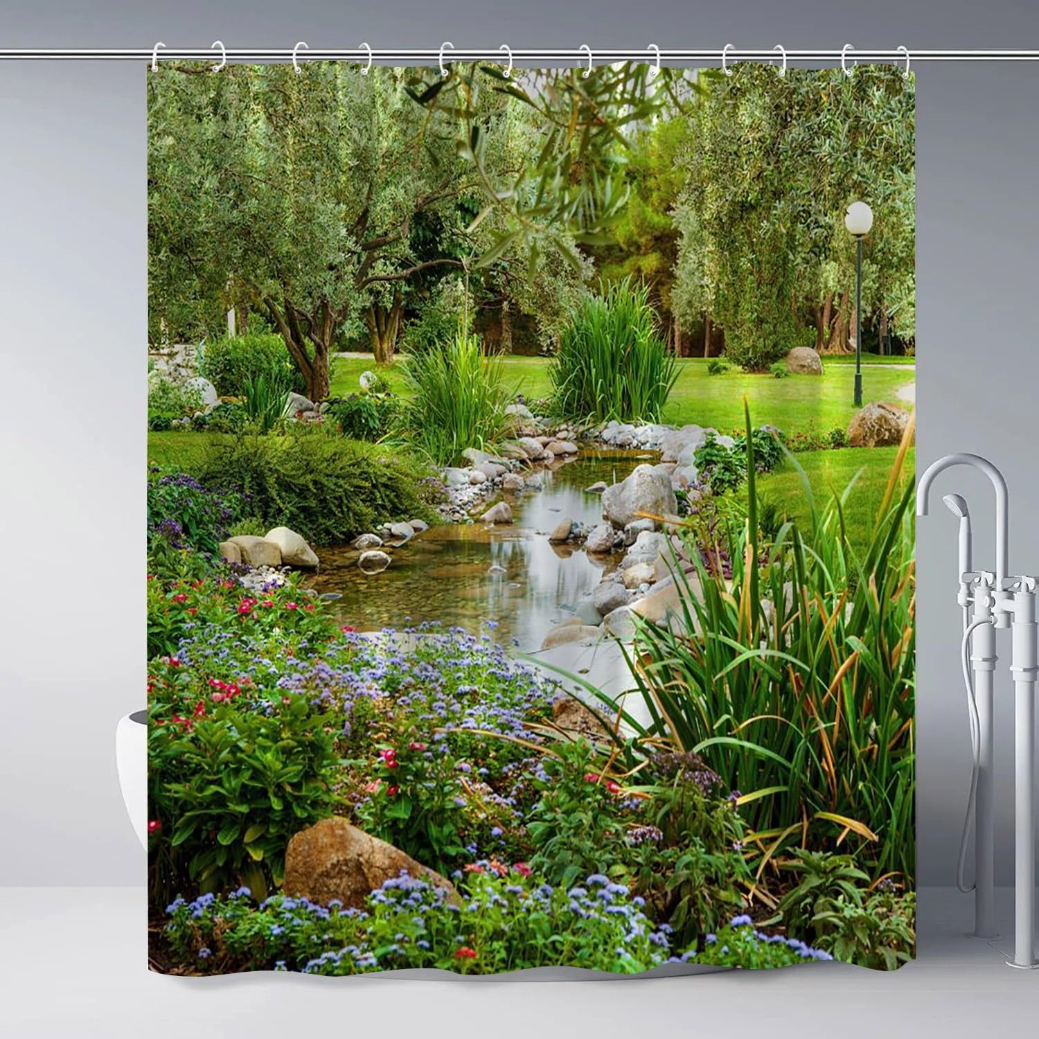 Garden Landscape Shower Curtain Colorful Floral Spring Summer Nature Plants Scenery Country Flower Rustic Bathroom Decor Set Polyester Fabric Curtains with Hooks 70Wx70H Inch
