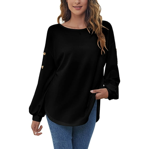 Baqcunre Long Sleeve Shirts For Women Fashion Casual Women'S Round Collar Loose Casual Ribbed Button Warm Long Sleeve Soft Shirt Women'S Tops Features Hoodies For Women Womens Blouses Black L