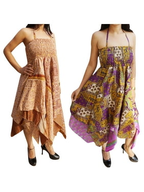 Mogul Lot Of 2 Womens Sundress Halter Neck Handkerchief Hem Recycled Printed Sexy Boho Chic Sari Summer Dresses XS