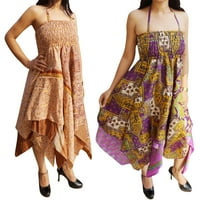 Mogul Lot Of 2 Womens Sundress Halter Neck Handkerchief Hem Recycled Printed Sexy Boho Chic Sari Summer Dresses XS