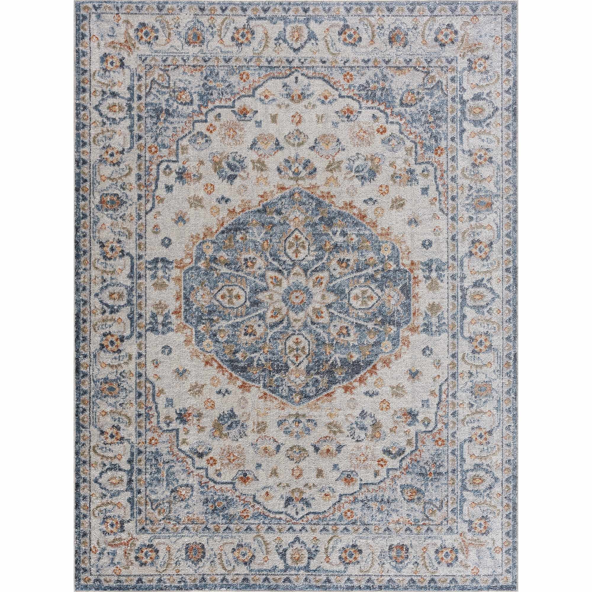 Hauteloom Hiti Living Room, Bedroom Machine Washable Area Rug - Traditional Oriental Medallion Carpet - Blue, Orange, Gray, Beige, Cream - 5'3" x 7'