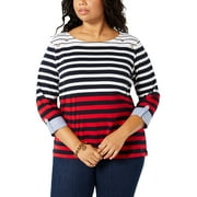 Tommy Hilfiger Womens Plus Ainsley Cotton Striped Pullover Top Red 2X