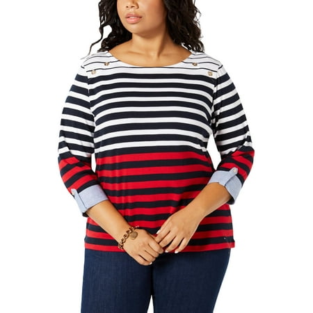 Tommy Hilfiger Womens Plus Ainsley Cotton Striped Pullover Top Red 2X