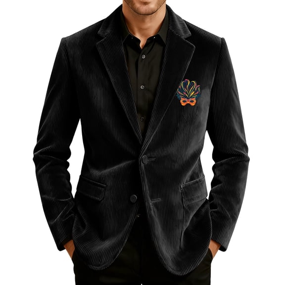 Men's Printed Corduroy Pocket Blazer, Casual Suit Cardigan Jacket, Black, L
