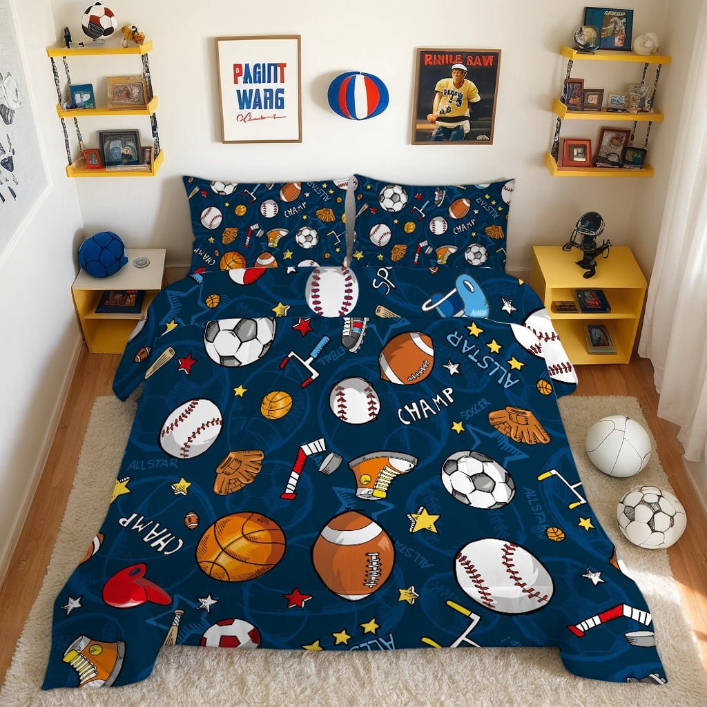 Queen Sports Comforter Set Navy Ball Bedding Sets for Boys Girls Kids Teen 3D Soccer Basketball Baseball Football Design 5Pcs Bed in A Bag
