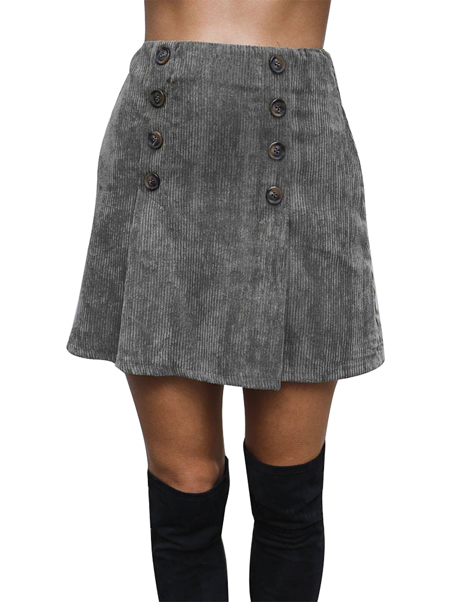 SpringTTC Women High Waist Double Breasted Corduroy Skirt Casual Pencil