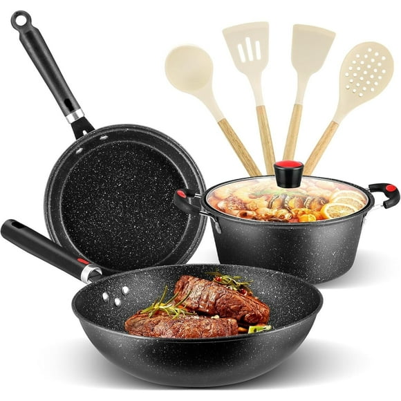 Juego de Ollas y Sartenes Antiadherente Chef Set, 8 Piezas Sartén para Freír de Grandes, Utensilios de Cocina de Granito sin PFOA, Batería de Cocina para Todo Tipo de Estufas (Negro)