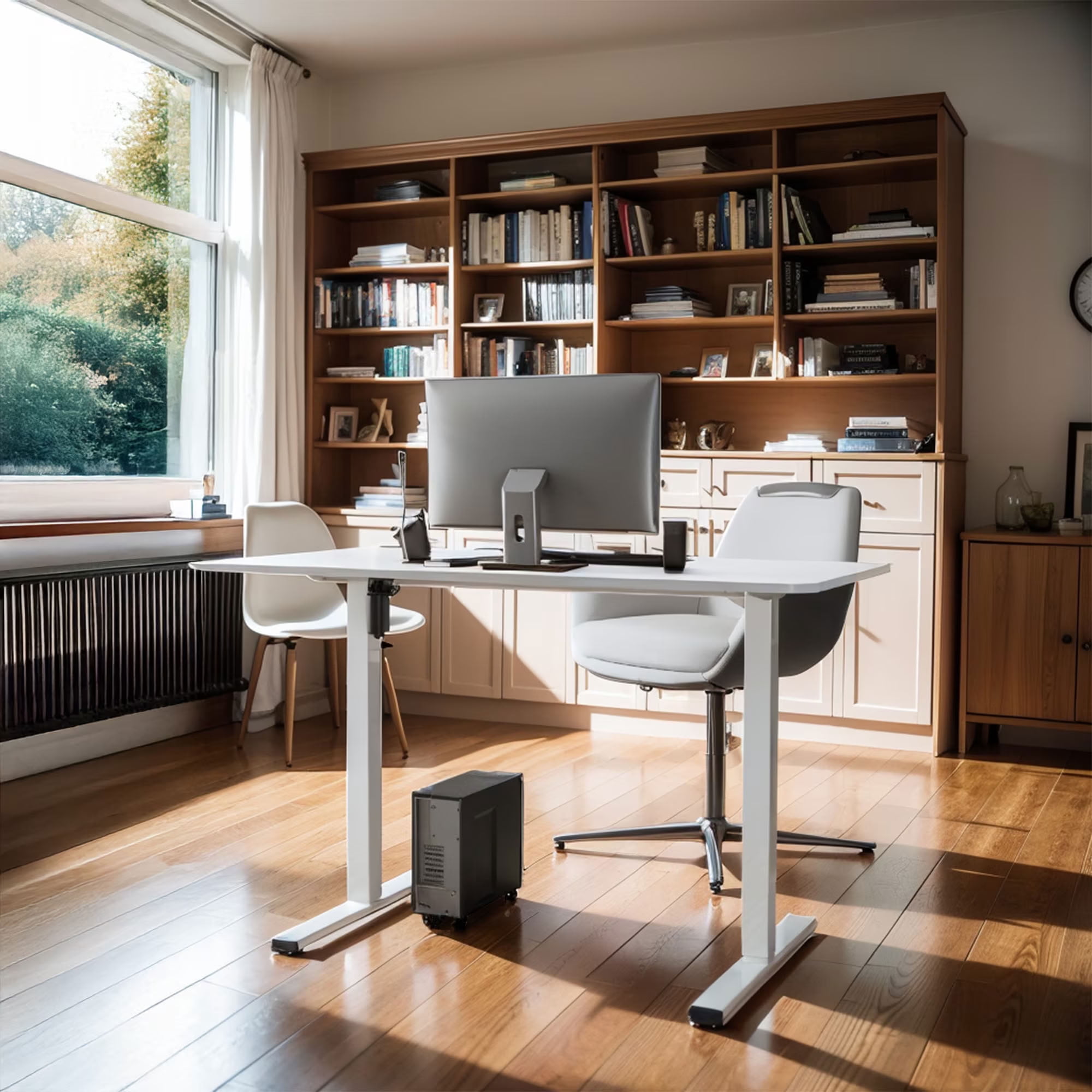 MAYEERTY Electric Standing Desk, Height Adjustable Home Office Ergonomic Sit Stand Up Computer Workstation with Whole Piece Desktop and Motorized Lift System, White