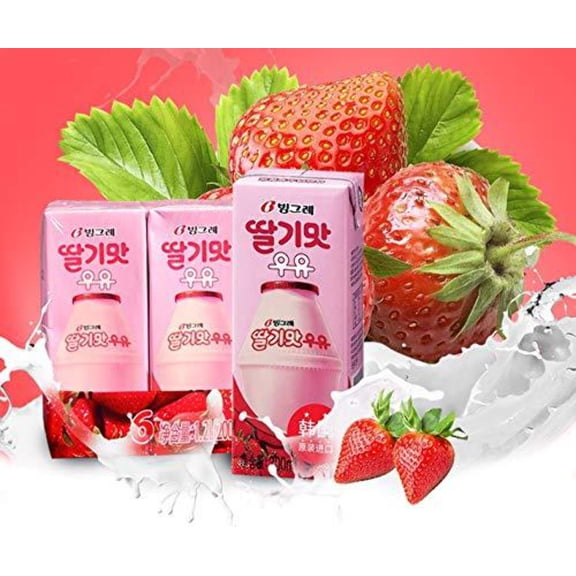 Binggrae Milk Series; Banana, Strawberry, Melon  Mix; Each Pack 200ml, 6.8 Fl oz; 빙그레 우유(바나나, 딸기, 멜론) (Strawberry, 18 Packs)
