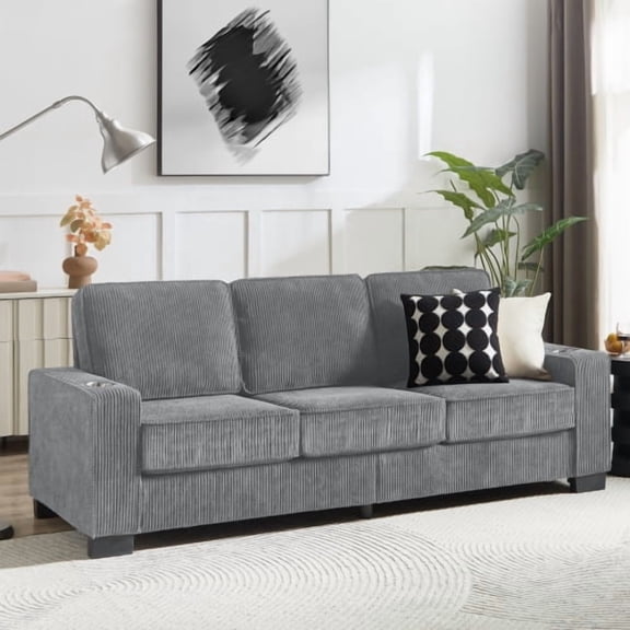 Howcool 84" 3 Seater Sofa Bed, Deep Seat Cloud Couch with Built-in Cup Holders, Modern Corduroy Upholstered Sofa for Living Room Small Apartment, Light Grey