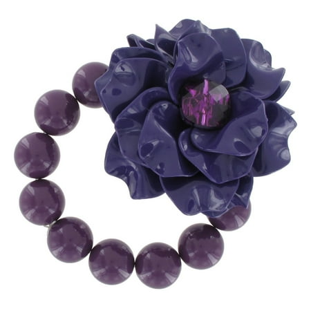 Lucite Bead Bracelet - Purple Lucite Big Chunky Flower Rhinestone Beaded Stretch Bracelet