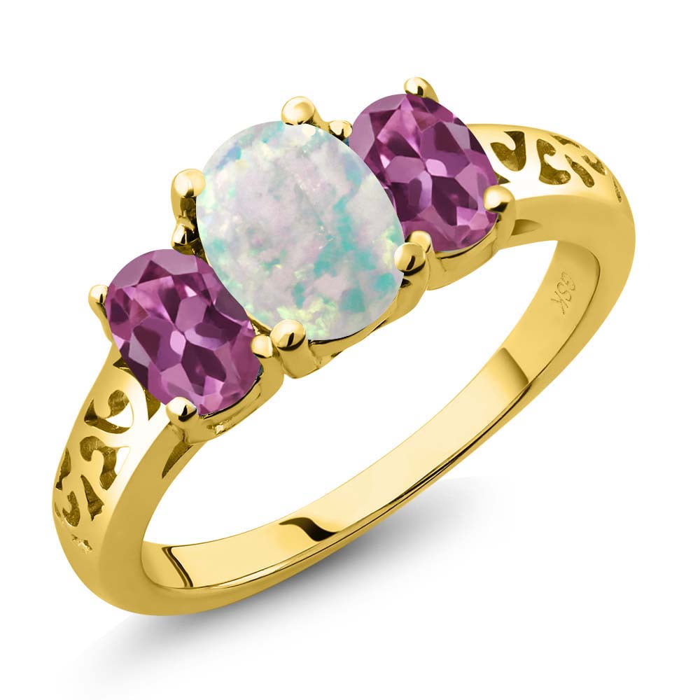 2.05 Ct Oval Cabochon White Simulated Opal Pink Tourmaline 18K Yellow Gold Ring by
