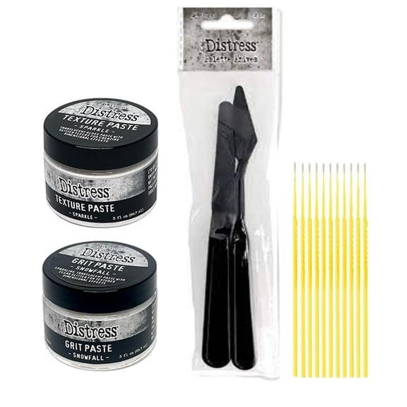 Tim Holtz Holiday Craft Bundle - Distress Sparkle Texture Paste, Distress Snowfall Grit Paste, and Two Palette Knives Set - with Trebbies Detail Sticks