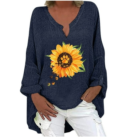 

Vintage Cotton Linen Blouse for Women Sunflower Graphic Tee Rolled Long Sleeve V Neck Baggy Shirt Fall Casual Tops