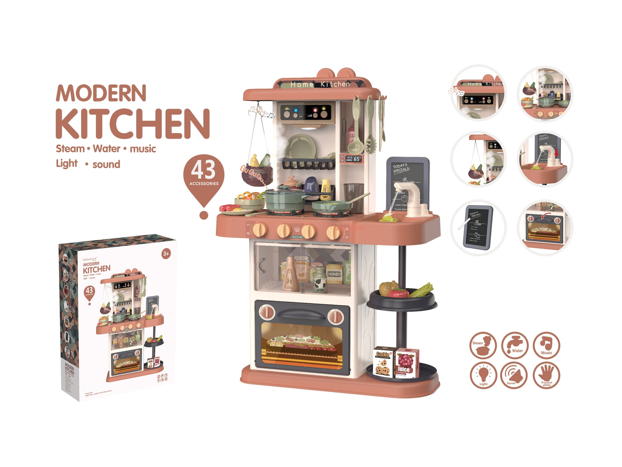 Kitchen Set Toy for Kids 43 Pc New Model Pretend Play Cook, Light Steam,  Water Features by VALESSATI
