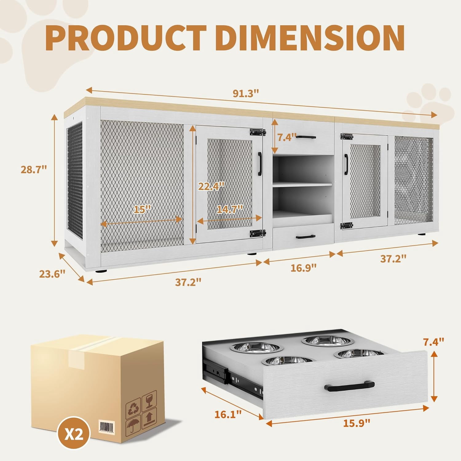 90" Double Dog Crate Furniture with Feeding Station, Heavy Duty Dog Kennel TV Stand with Storage for 2 Large Dogs