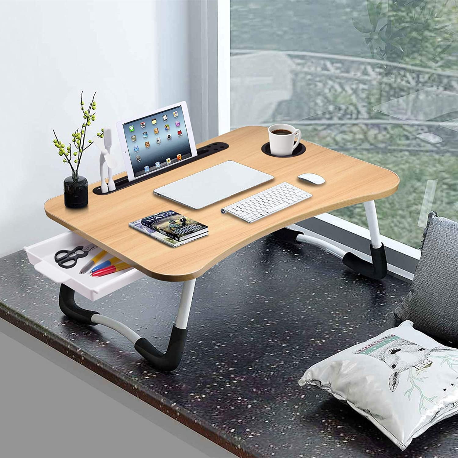 Lap Desk with Tablet Slot, Foldable Laptop Table with Storage Drawer for Bed，Portable Bed Desk for Laptop, Computer Tray with Cup Holder Notebook Stand Reading Holder for Couch Floor, Walnut