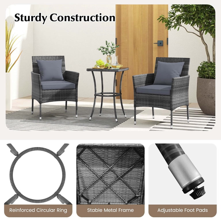 Costway 3-Piece Wicker Patio Set with Cushions, Gray photo 6