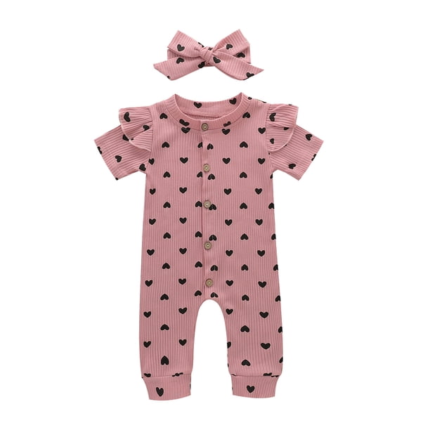 Gibobby Mono Ajustado de Verano con volantes y corazones de día, mono con estampado de San Valentín para niñas pequeñas y bebés, mono con diademas y mono para niñas(Rosa, 6-9 Meses)
