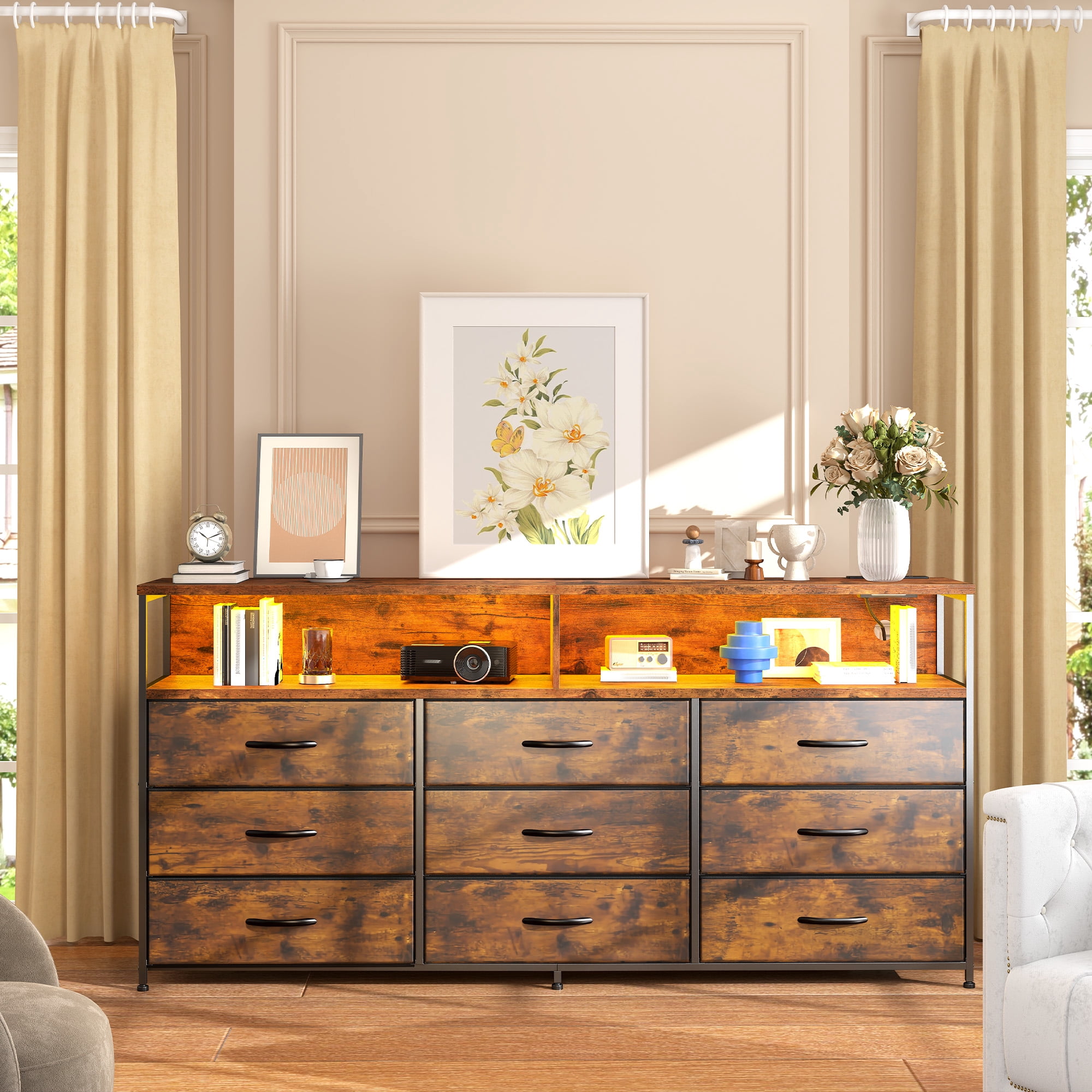 Romorgniz 9-Drawer Wide Dresser with Power Outlet & LED Lights, Fabric Chest of Drawers for Bedroom,TV Stand for 65"Screens,Rustic Brown
