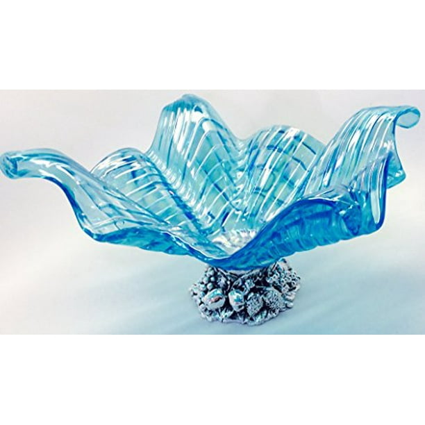 Italian Murano Glass Bowl Decor Ruffle Aqua Blue Silver Tone Decorative  Base 13