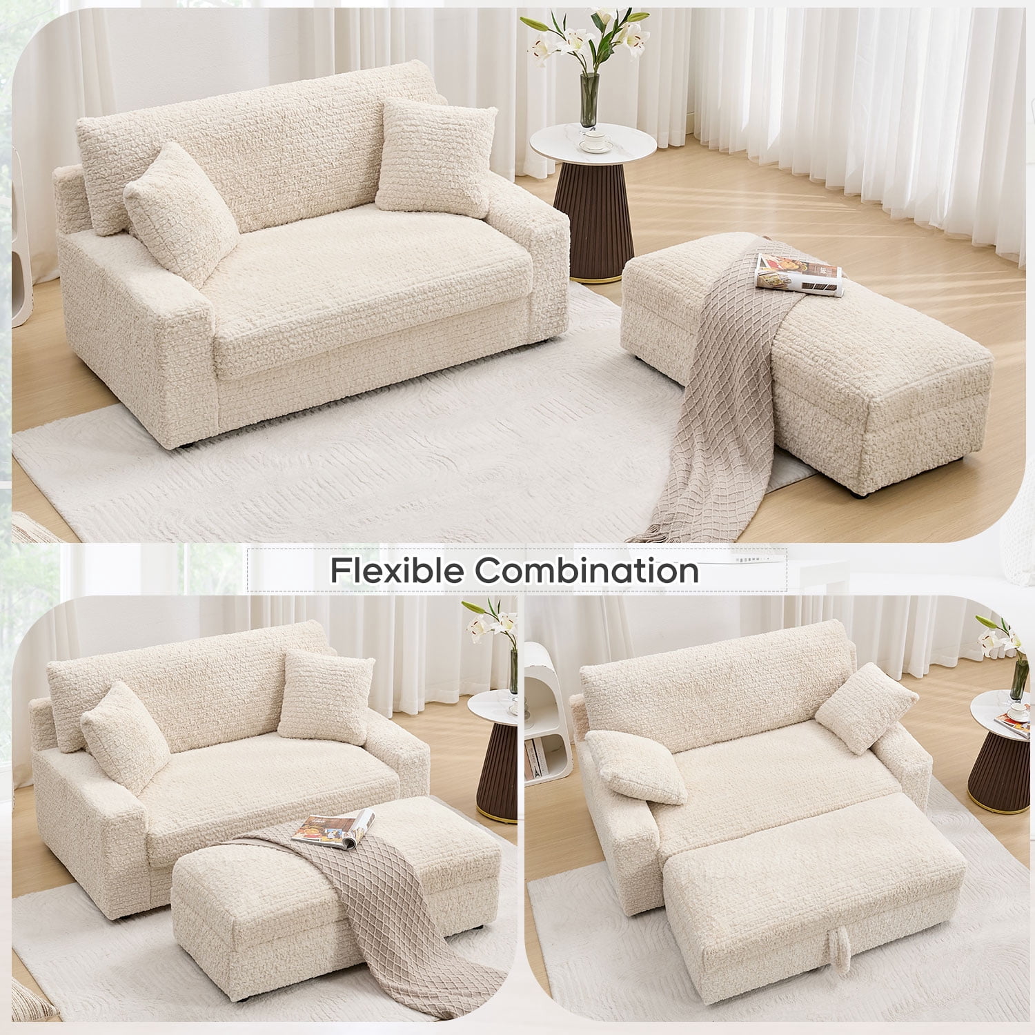 Boucle Oversized and Convertible Sleeper Loveseat with Storage Ottoman and Pillows, Beige