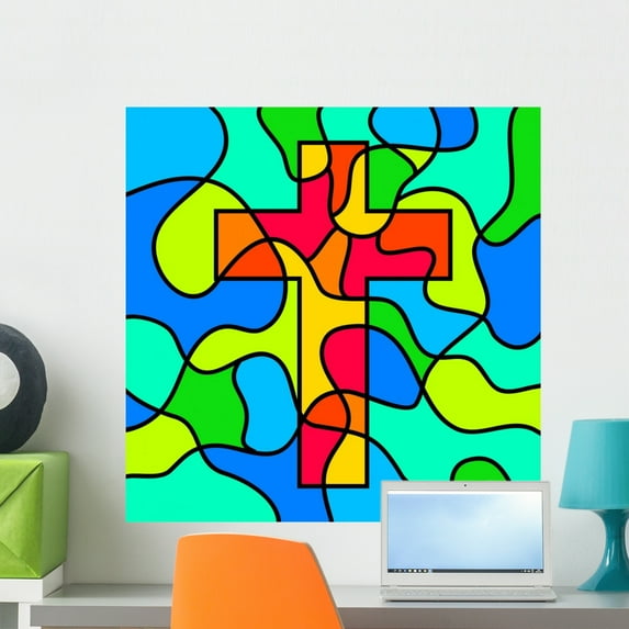 Stained Glass Cross Wall Mural by Wallmonkeys Peel and Stick Graphic (24 in H x 24 in W) WM340100