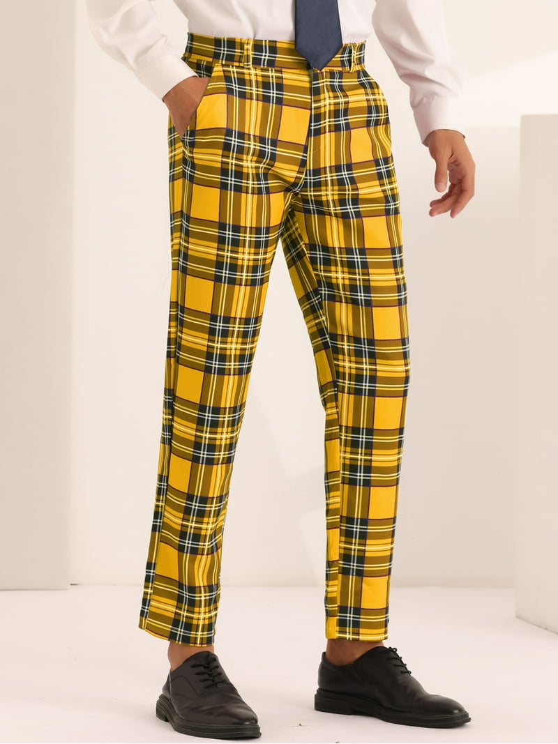 Unique Bargains men's Plaid Dress Pants Yellow