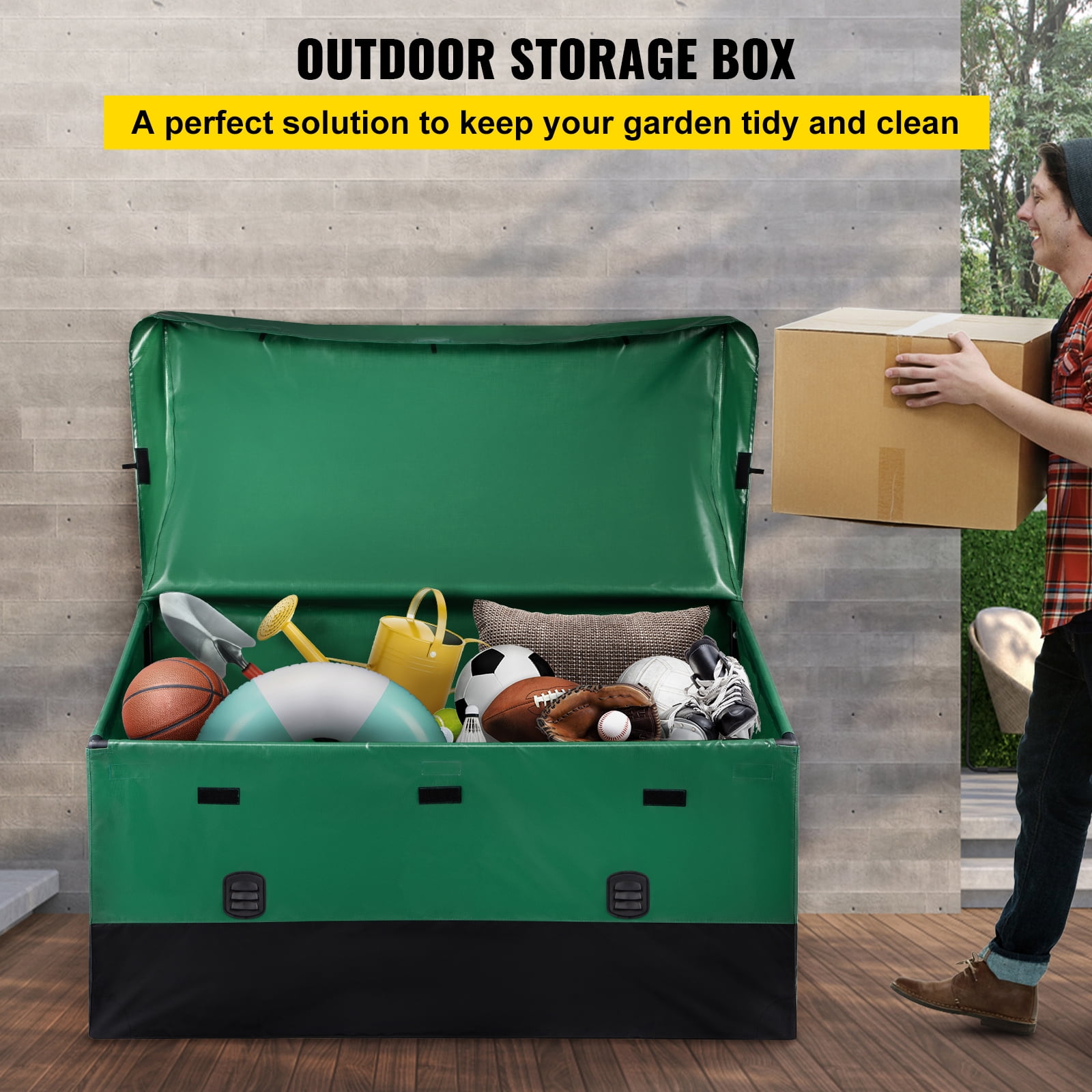 KFFKFF Outdoor Storage Box 230 Gallon Waterproof PE Deck Box with Galvanized Frame Patio Backyard Garden Portable Storage Containe for Boat, Yard, Patio (Green & Black)