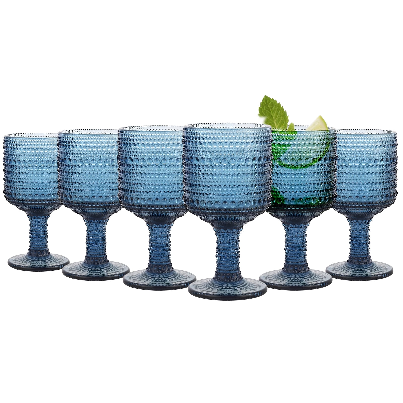 10 Oz Glass Wine Glasses, Set of 6 Stemmed Small Wine Glasses, 300ml Vintage Dot Relief Cups, Blue