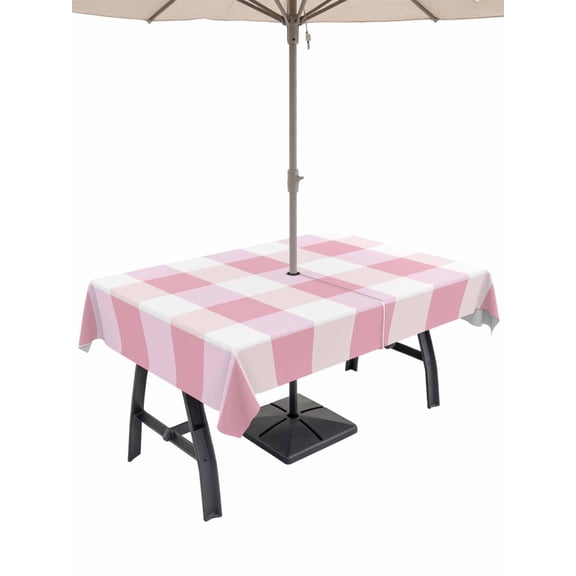 Outdoor Tablecloth with Umbrella Hole and Zipper, Pink Plaid Waterproof Patio Tablecloth for Dining 60''x84'', Spring Farmhouse Buffalo Checkered Wipeable Table Cover for Picnic BBQ Party Patio