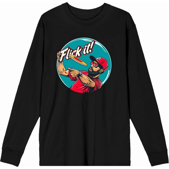 Frisbee Disc Flick It! Adult Black Crew Neck Long Sleeve Tee-Large