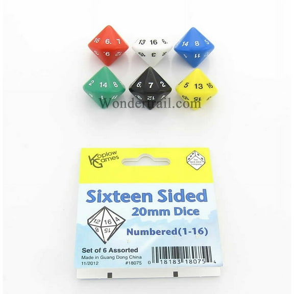 Assorted Color Dice D16 with Colored Numbers 1-16 20mm Pack of 6 Koplow Games