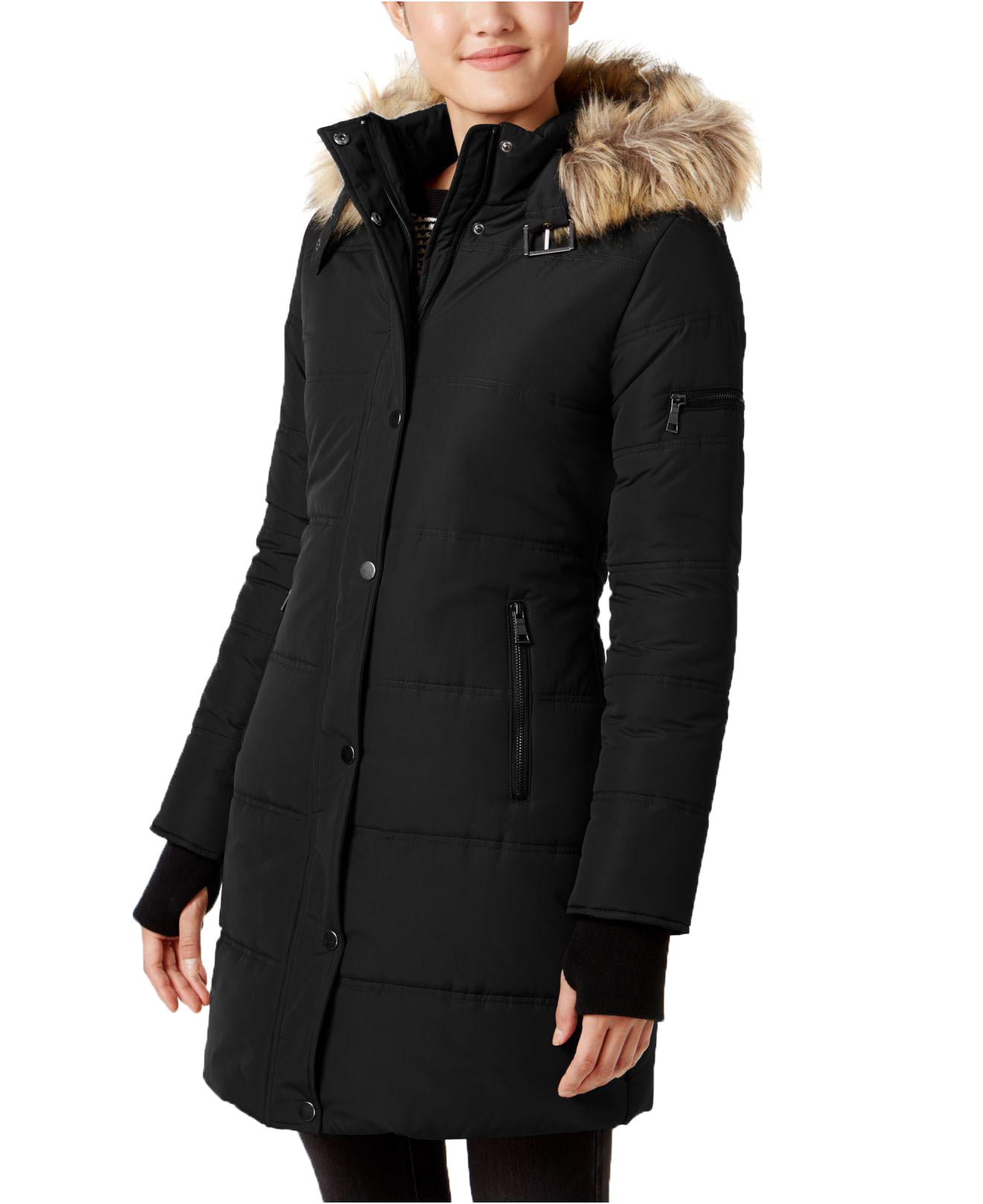 Maralyn & Me Juniors' Faux-Fur-Trim Hooded Puffer Coat (Black, X-Small ...